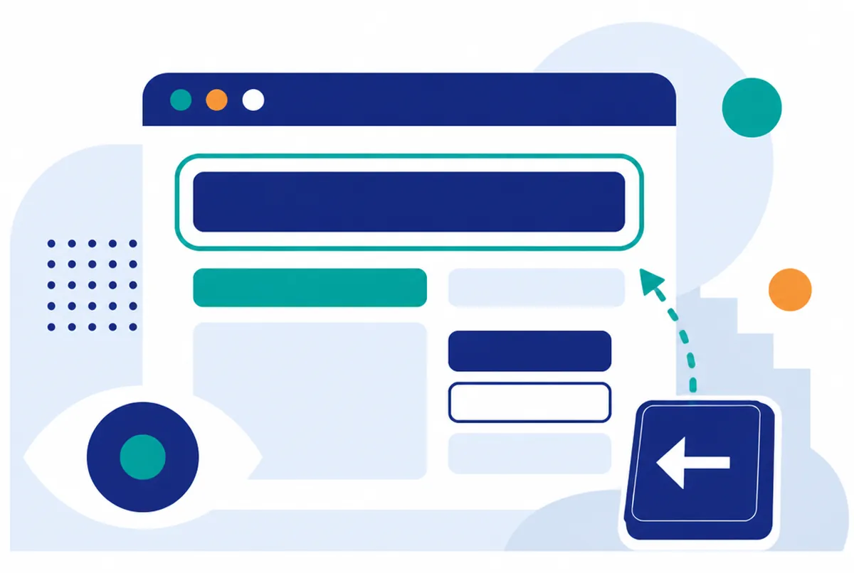 Flache Illustration eines Browserfensters, in dem ein Bedienelement türkis umrandet ist, daneben ein Augensymbol und eine Tastaturtaste mit Pfeil als Sinnbild für die Bedienung ohne Maus