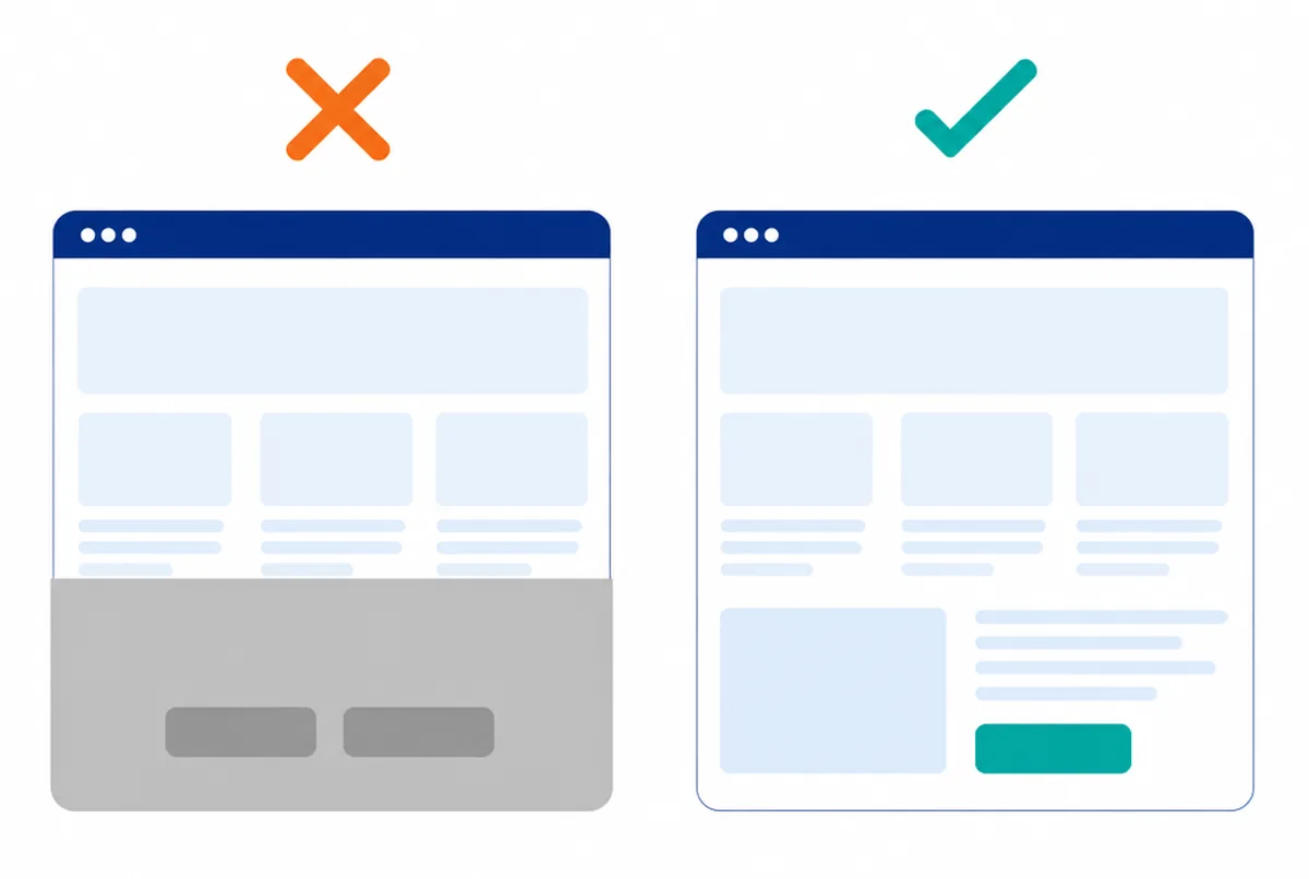 Links ein Browserfenster mit einem grauen Banner über dem Inhalt und orangem Kreuz, rechts dasselbe Fenster frei und mit türkisem Häkchen