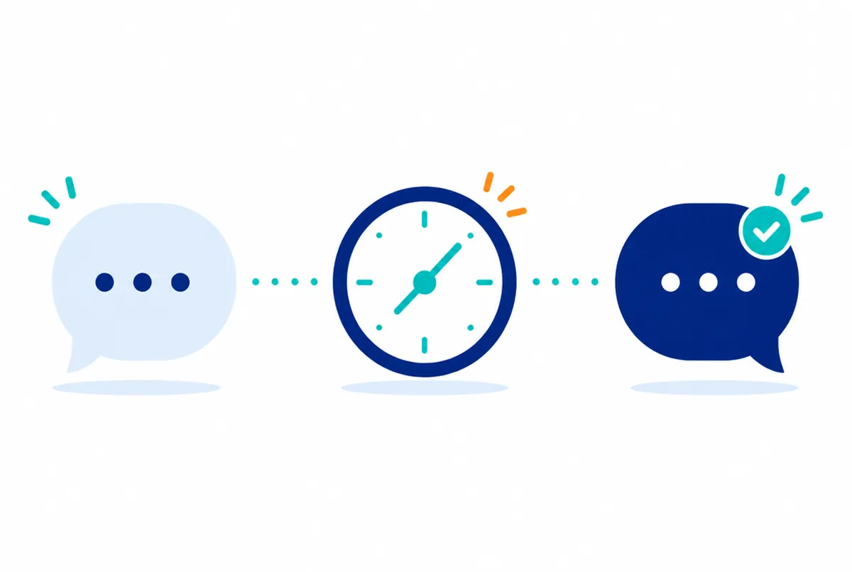 Zeitstrahl aus Sprechblase, Uhr und Antwortblase, symbolisiert eine schnelle Reaktion auf eine Bewertung