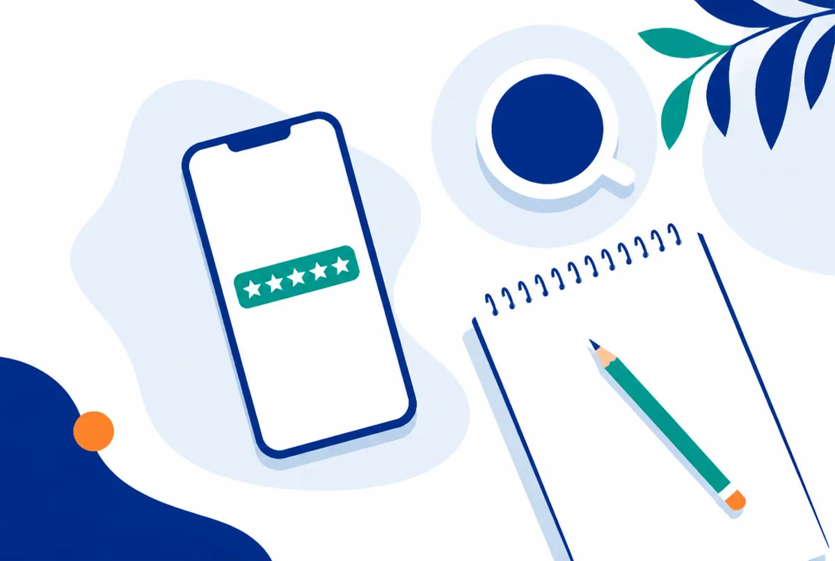 Flache Illustration eines Schreibtischs von oben mit Smartphone, auf dem eine Sternebewertung zu sehen ist, daneben Kaffeetasse und Notizblock