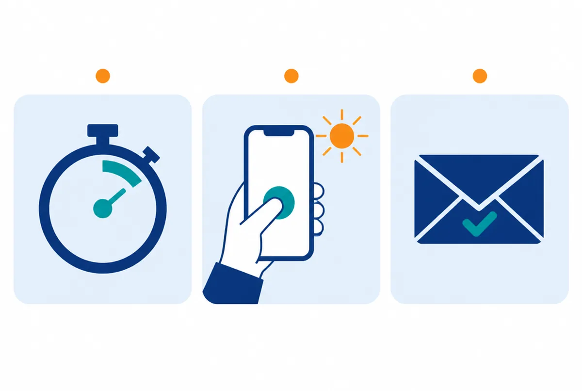 Drei Symbole nebeneinander: eine Stoppuhr, ein Smartphone mit Sonne und tippendem Daumen, und ein Briefumschlag mit Häkchen