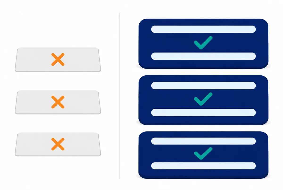 Links drei dünne graue Karten mit orangen Kreuzen, rechts drei kräftige dunkelblaue Karten mit türkisen Häkchen