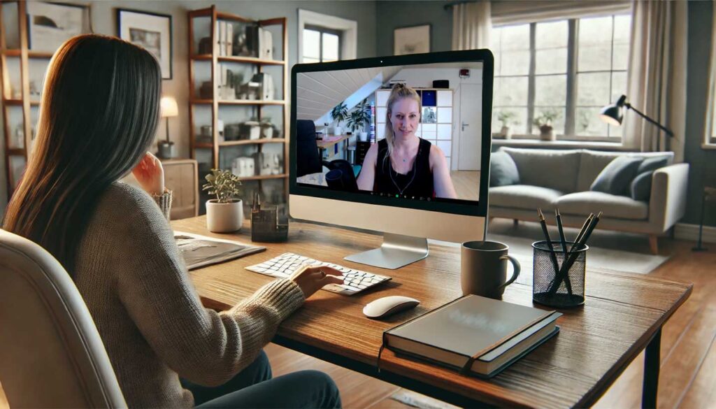 Person sitzt in einem Home-Office und nimmt an einem Zoom-Call für einen Social Media Strategie-Workshop teil, mit einem Laptop auf dem Schreibtisch.