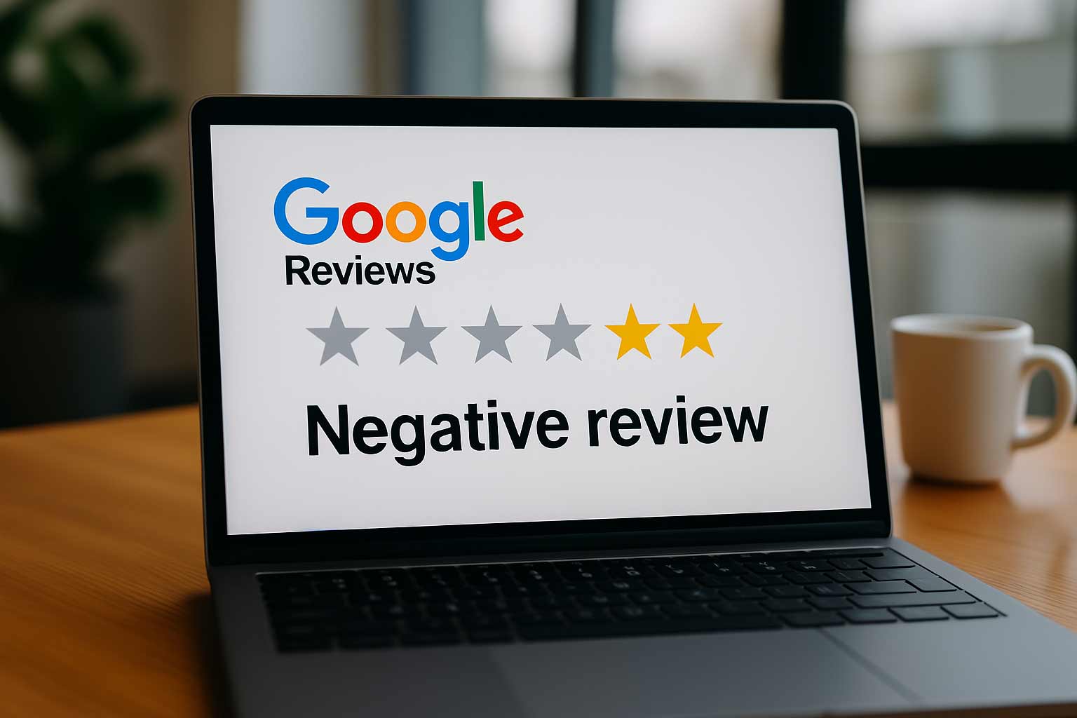 Laptop mit geöffneter Google-Bewertungsanzeige und 1 Stern – Symbolbild für den professionellen Umgang mit negativen Google Bewertungen